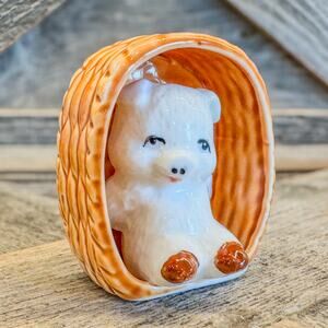 Cutest Vintage Ceramic Pig in a Basket Figurine, 2.5”H
